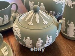 Vintage Wedgwood Sage Green Jasperware Tea Set Pot Cream Sugar Cups Soucoupes