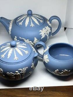 Vintage Wedgwood Set Bleu Jasper Ware Teapot Sucrier Et