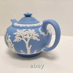 Vintages Wedgwood 1953 Angleterre Jasperware Blue Tapot Avec Sugar Bowl Et Creamer