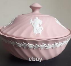 Vtg Grand Bol à Poudre en Jasperware Wedgwood Rose avec Couvercle Heures Dansantes Rare