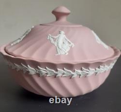 Vtg Grand Bol à Poudre en Jasperware Wedgwood Rose avec Couvercle Heures Dansantes Rare