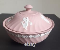 Vtg Grand Bol à Poudre en Jasperware Wedgwood Rose avec Couvercle Heures Dansantes Rare