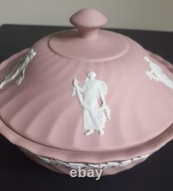 Vtg Grand Bol à Poudre en Jasperware Wedgwood Rose avec Couvercle Heures Dansantes Rare