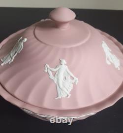 Vtg Grand Bol à Poudre en Jasperware Wedgwood Rose avec Couvercle Heures Dansantes Rare
