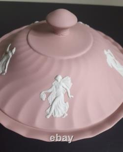 Vtg Grand Bol à Poudre en Jasperware Wedgwood Rose avec Couvercle Heures Dansantes Rare