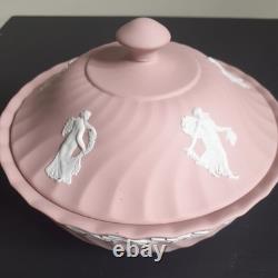 Vtg Grand Bol à Poudre en Jasperware Wedgwood Rose avec Couvercle Heures Dansantes Rare