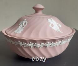 Vtg Grand Bol à Poudre en Jasperware Wedgwood Rose avec Couvercle Heures Dansantes Rare
