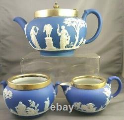 Vtg Wedgwood Angleterre Cobalt Blue Jasperware Epns Teapot Creamer Sugar Set
