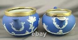 Vtg Wedgwood Angleterre Cobalt Blue Jasperware Epns Teapot Creamer Sugar Set