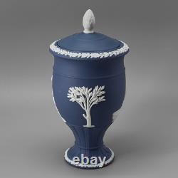 WEDGWOOD Jasperware Vase artisanale Portland / bleu foncé avec couvercle, urne de 21 cm de hauteur