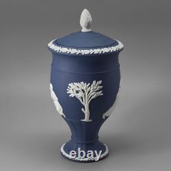 WEDGWOOD Jasperware Vase artisanale Portland / bleu foncé avec couvercle, urne de 21 cm de hauteur
