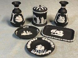 Wedgwood 7 Pièces Basalt Jasperware Vase Cylinder Trinket Box & Dish Set
