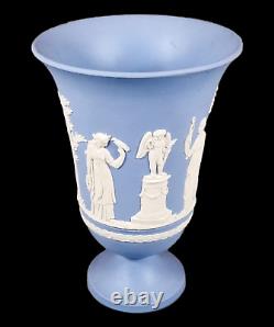 Wedgwood Bleu Jasperware Trompette Vase Rond Grec Roman Neoclassical Scènes