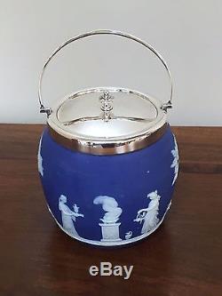 Wedgwood Blue Jasperware Bocal À Canon Biscuit Antique Et Couvercle Circa 1800s