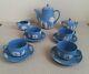 Wedgwood Blue Jasperware Teapot Creamer Sugar Bowl & 4 Tasses Withsaucers Ensemble