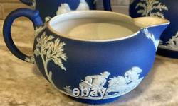 Wedgwood Dark Blue Jasperware Théière Crème Sucre C. 1891-1900 Tea Set & Pitcher