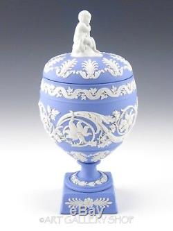 Wedgwood England Jasperware Blue Vase Arabesque Urn Couvercle Couvercle De Cherub Rare