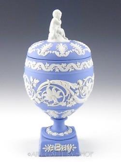 Wedgwood England Jasperware Blue Vase Arabesque Urn Cupidule Couvercle De Cherub Rare