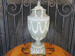 Wedgwood Green Jasperware Lidded Pedestal Urn Vase Apollo Muses, Vers 1920 As Is