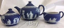 Wedgwood Jasperware Bleu Royal Wedgwood Blue 3 Pc Thé Ensemble Théière Crème Sucre