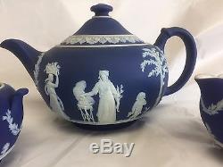 Wedgwood Jasperware Bleu Royal Wedgwood Blue 3 Pc Thé Ensemble Théière Crème Sucre