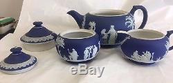 Wedgwood Jasperware Bleu Royal Wedgwood Blue 3 Pc Thé Ensemble Théière Crème Sucre