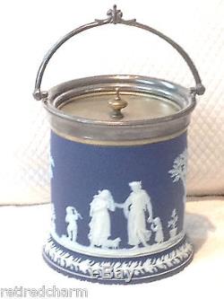 Wedgwood Jasperware Project Fix It Poignée Blue Biscuit Biscuit Tea Barrel Jar 1891