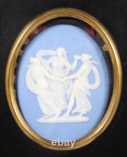 Wedgwood, Plaque Ronde Antique Victorienne en Jaspe Bleu, Trois Grâces, Encadrée