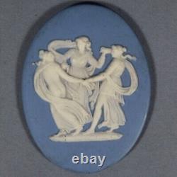 Wedgwood, Plaque Ronde Antique Victorienne en Jaspe Bleu, Trois Grâces, Encadrée