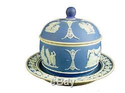 Wedgwood Porcelaine Jasperware Bleu Foncé Jarre De Miel Et Couvercle Plaque De Base Jointe 1900
