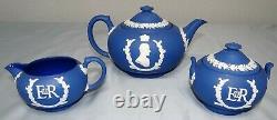 Wedgwood Royal Blue Jasper Elizabeth II Coronation Tea Set Teapot Creamer Sucre