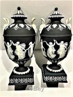 (c. 1930) Wedgwood Black Jasperware Dancing Hours Vases 7.0h